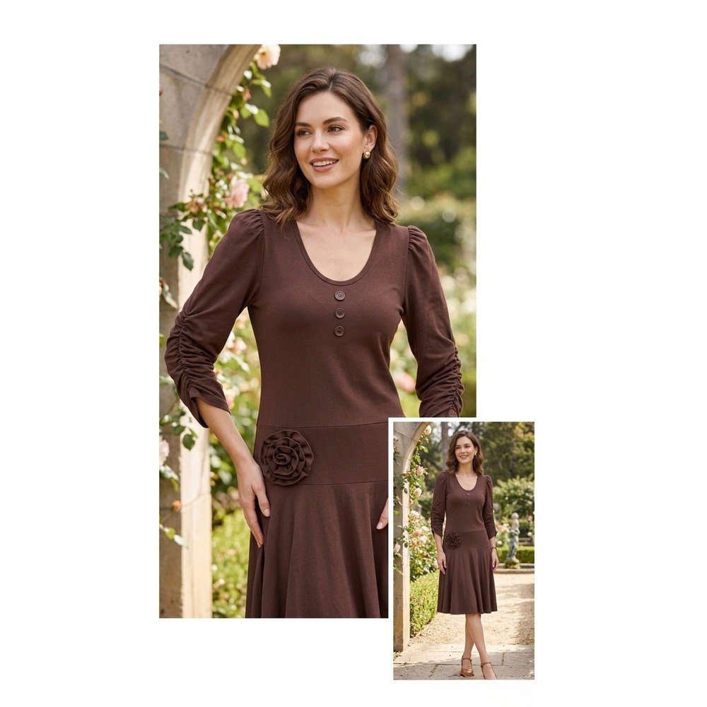 Effies Heart Brown Pima Cotton Ruched Sleeve Rose Applique Flare Dress Small